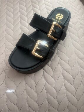 House of Harlow 1960 Black Sandal with Gold Buckles Platform Slide